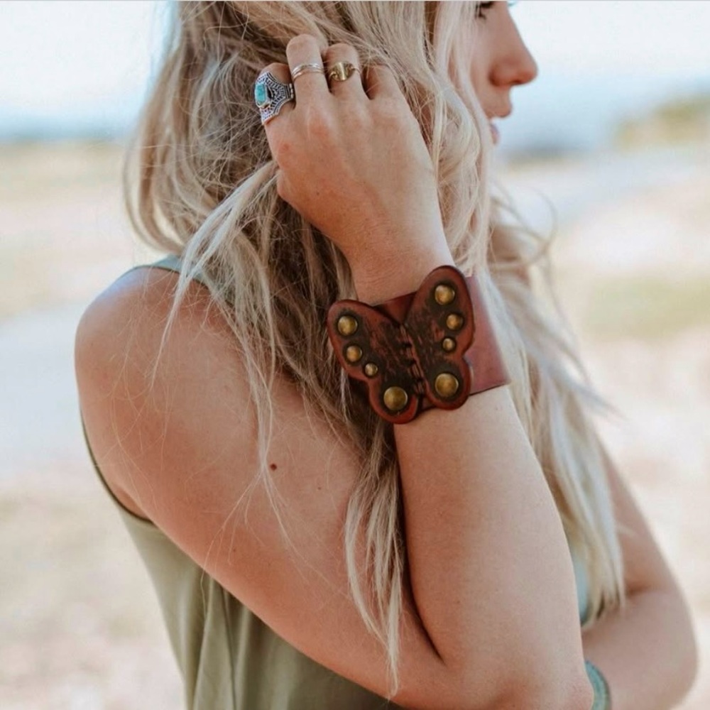 Boho Butterfly wide leather bracelet with brass stud snaps
